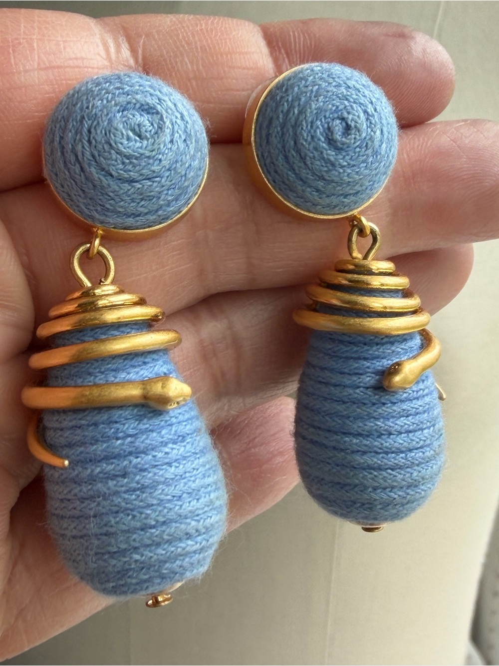 Hand-Wrapped Light Blue Woven Textile Drop Earrings with Gold Serpent Accents - Picture 6 of 13